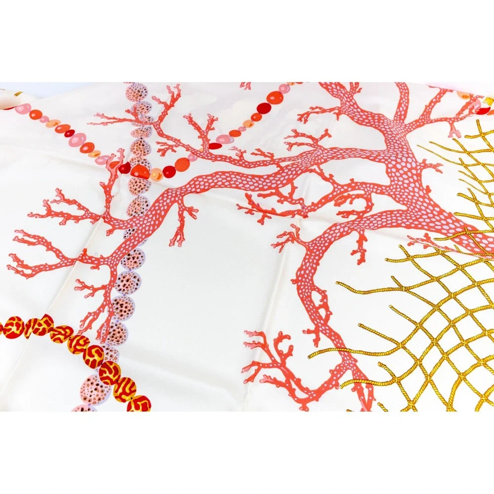 Vintage Angela Cummings Italian Silk Twill Scarf Nautical Coral Net In Box 35x35